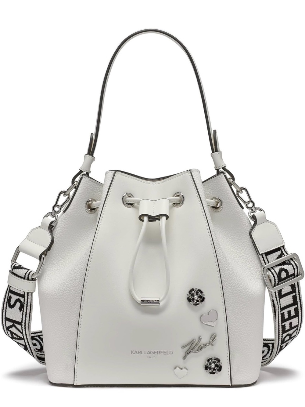 Karl Lagerfeld White Leather Drawstring Bucket Bag with Logo Strap